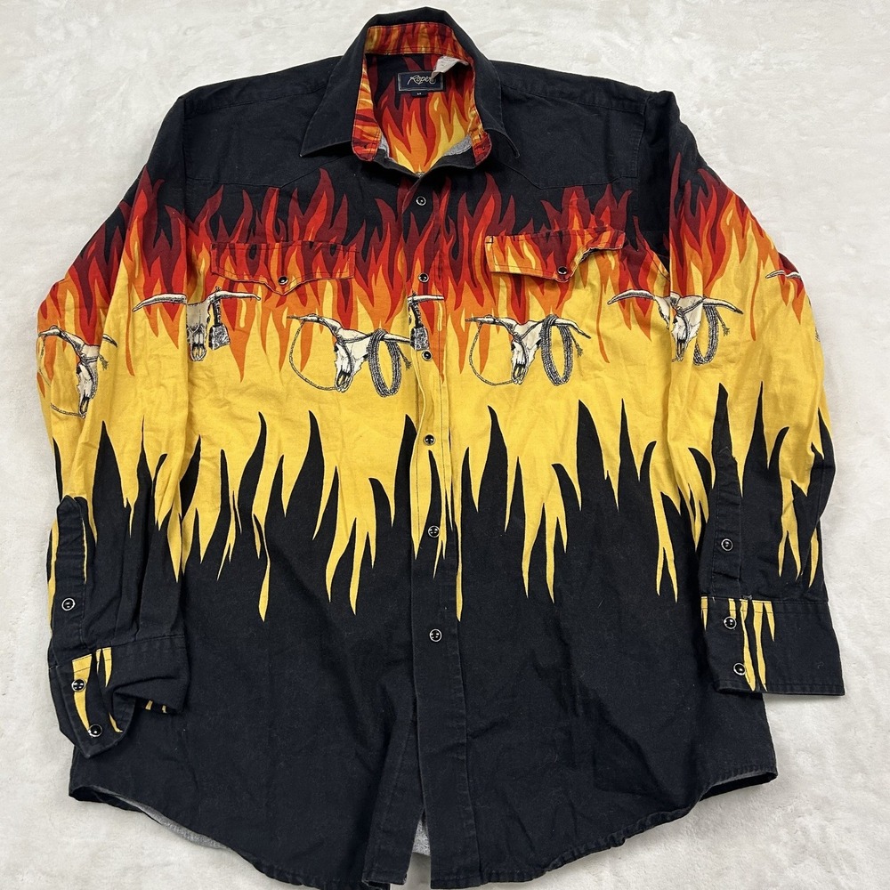 Roper Button Up Shirt Mens Medium Black Flame Steer Skull Western Long Sleeve